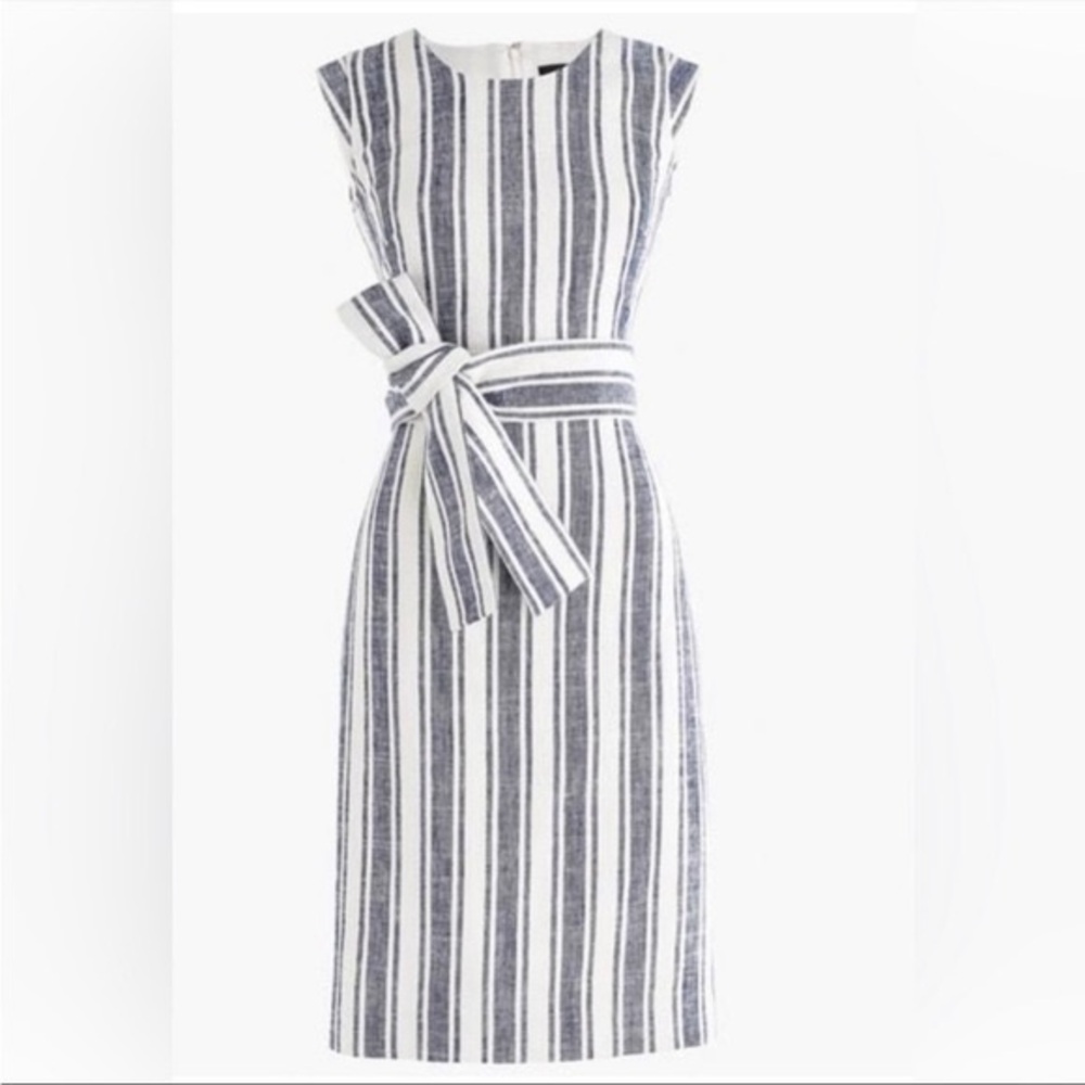NWT J. Crew White and Blue Sheath Dress with Cap Sleeves and Belt Sz 00